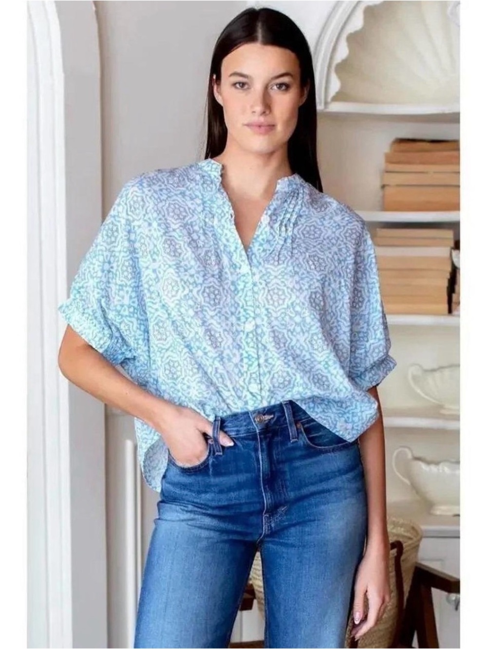 Emerson Fry India Collection Mandarin collar Blue/Cream Organic Cotton top OS